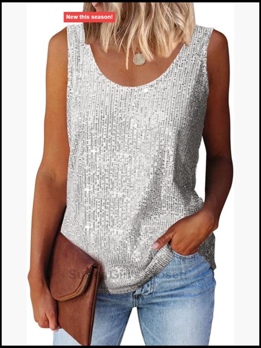 Sequin Sleeveless Scoop Neck Tank Top Women's Party Shimmer Blouse